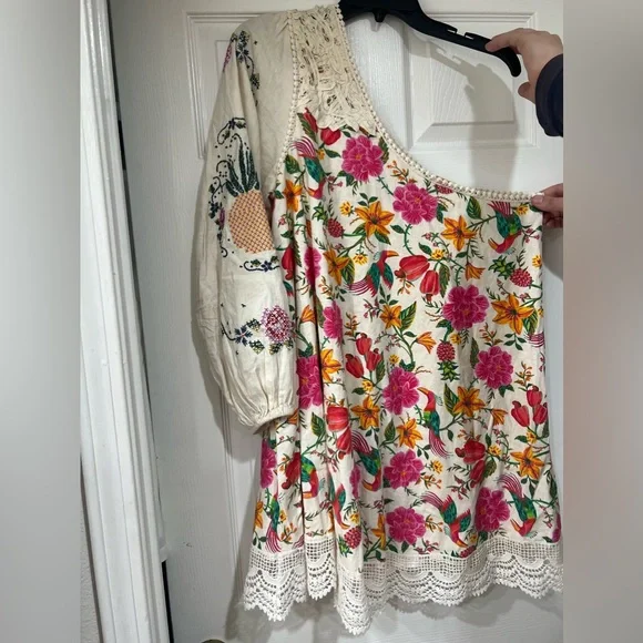 NWT Farm Rio Toucan's Garden Floral Embroidery One-Shoulder Linen Blend Dress - Picture 2 of 14